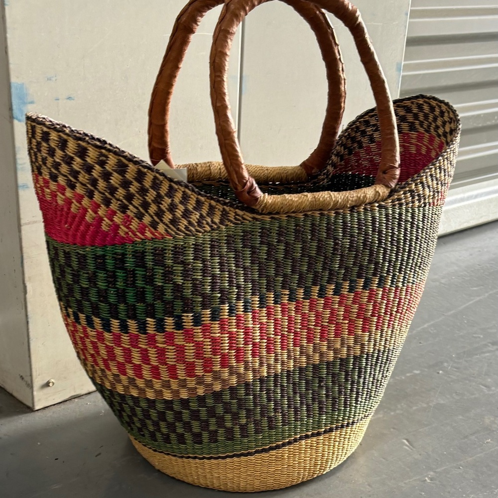 Bolga Tote Handmade in Ghana, Africa Banana Leaf and Elephant Grass-Green/Pink